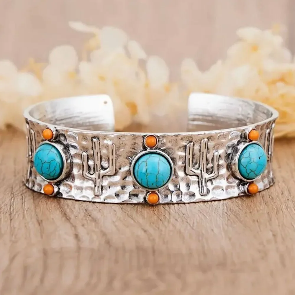 Desert Cactus Silver Bracelet Womens Casual Western Cuff New